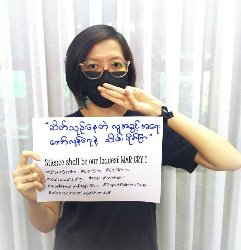 gq_evelynn's tweet photo. Silence shall be our loudest War Cry! #SilentStrike
#OurCityOurRules #OurCityOurRuleOurWill 
#Dec10Coup #10D_Movement 
#HumanRightsDay #BlackCampaign #RejectMilitaryCoup #WhatsHappeningInMyanmar https://t.co/MsCTjZE1uH