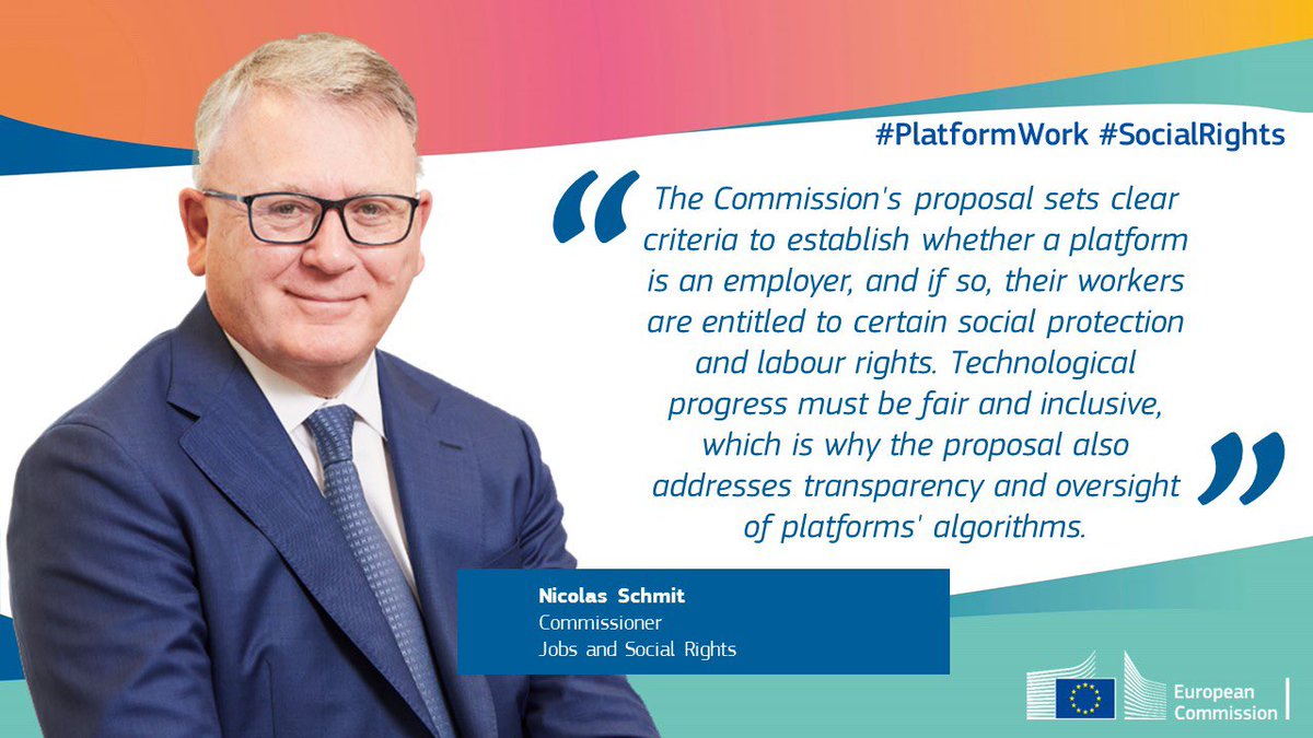 This proposal is an important step to improve the working conditions of #PlatformWorkers! 
Strong symbol for more #social #Europe
Bravo @NicolasSchmitEU 👍

#workers #PlatformWork #platform #PlatformWorkDirective #resilience #socialprotection #socialrights