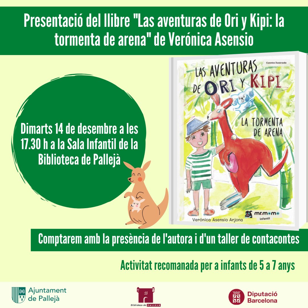 📅L'escriptora Verónica Asensio Arjona presentarà el seu llibre "Las aventuras de Ori y Kipi: la tormenta de arena", el 14 de desembre a les 17.30 hores a la Sala Infantil de la Biblioteca de Pallejà.
ℹ️Cal inscripció prèvia, trucant al 93 663 18 87 o per whatsapp al 610 657 328.