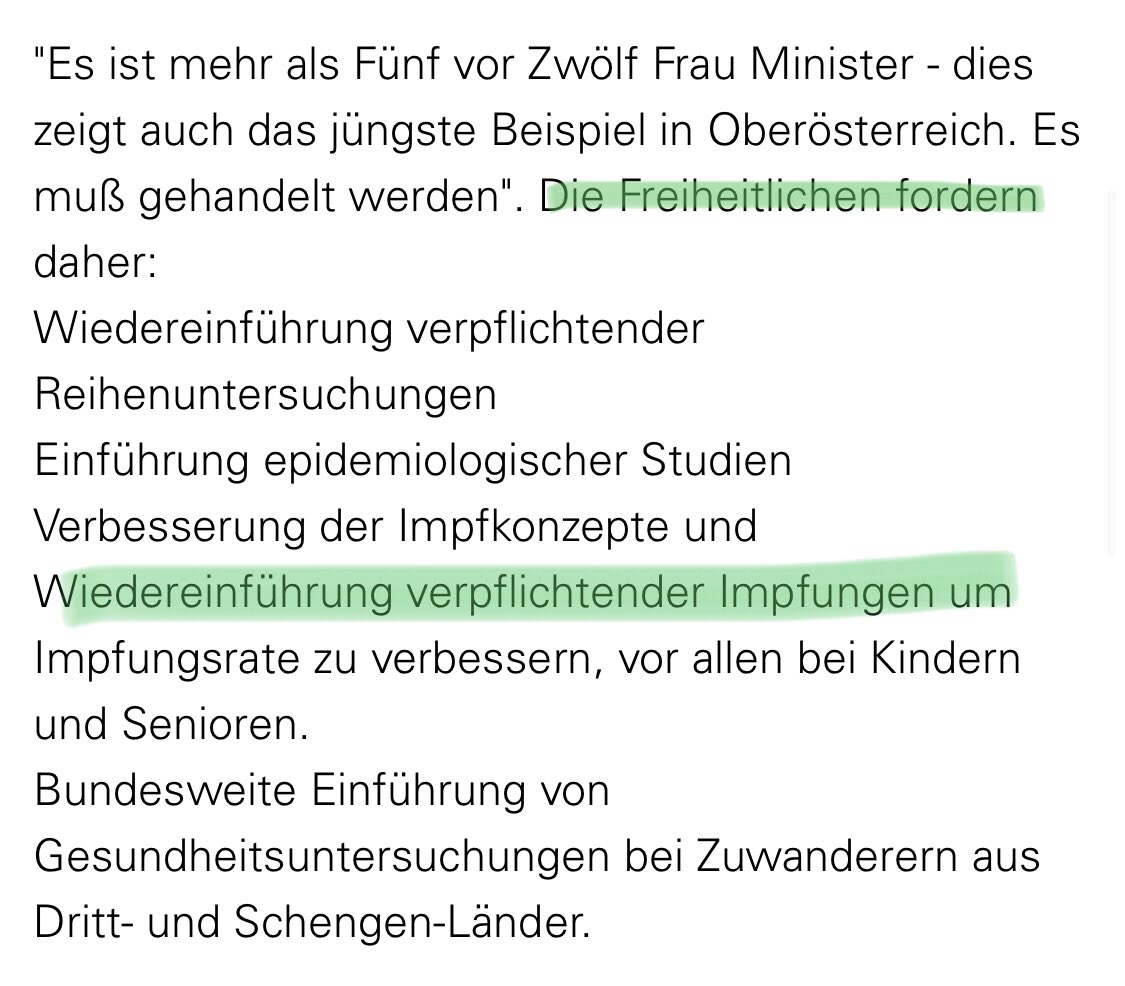 Die FPÖ 2021 über eine Impfpflicht:  "Österreich ist mit heutigem Tag eine Diktatur!"
Die FPÖ 1999: „Die Freiheitlichen fordern Wiedereinführung verpflichtender Impfungen.“
ots.at/presseaussendu…
(Danke für den Hinweis, R.L.)