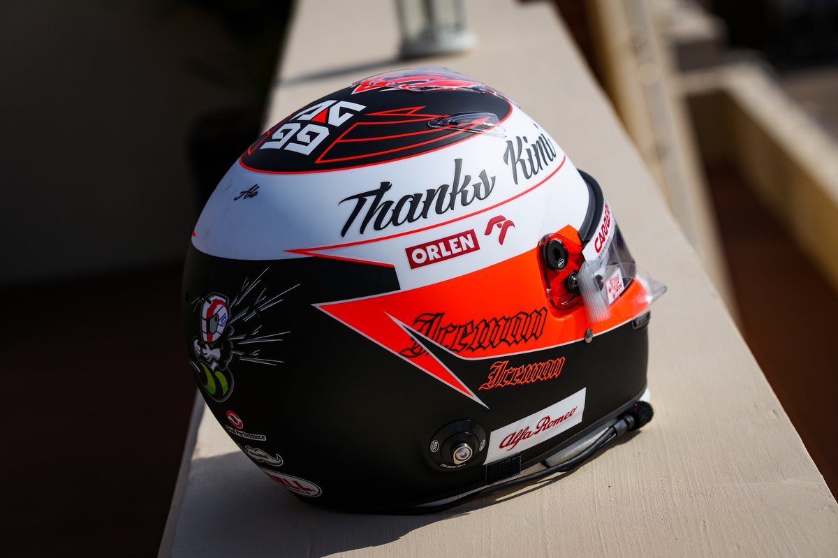 audif1_'s tweet photo. You’ve seen cool. Now you’ve seen this 😍
Antonio’s helmet for the weekend is inspired by that worn by Kimi during his World Championship season of 2007, and features a message of thanks to the Finn as the duo completes three years as team-mates. https://t.co/TzyGD3UPm5