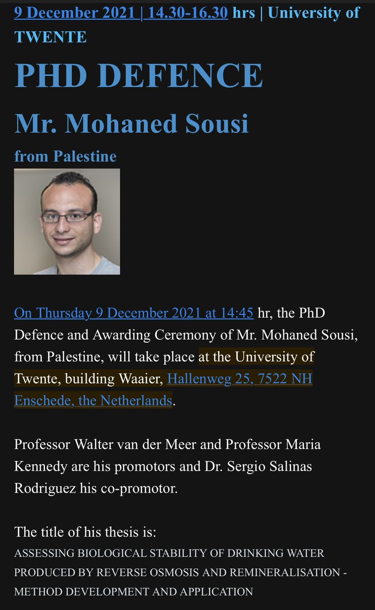 ergio's tweet photo. Well done Dr. Sousi! Yesterday defended his PhD thesis @UTwente on #biological #stability of drinking water produced by reverse osmosis. Collaboration work by @ihedelft @Oasendrinkwater @MST_UTwente @ihedesal #desalination download: https://t.co/rUDpWZE6Uv https://t.co/tAA1YIfb49