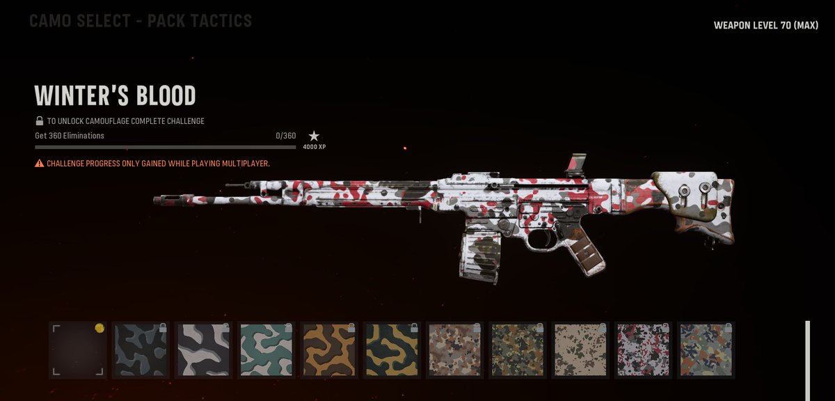 mralveus's tweet photo. @RavenSoftware @RavenSoftware the STG is still broken. The PACK TACTICS camos still don't count/unlock. I have the weapon maxed out and still 0/400 eliminations. 

Also, in WZ i cannot equip any mag bigger that 30 rounds.

Please fix? Thank you! https://t.co/pXkZNalbtQ