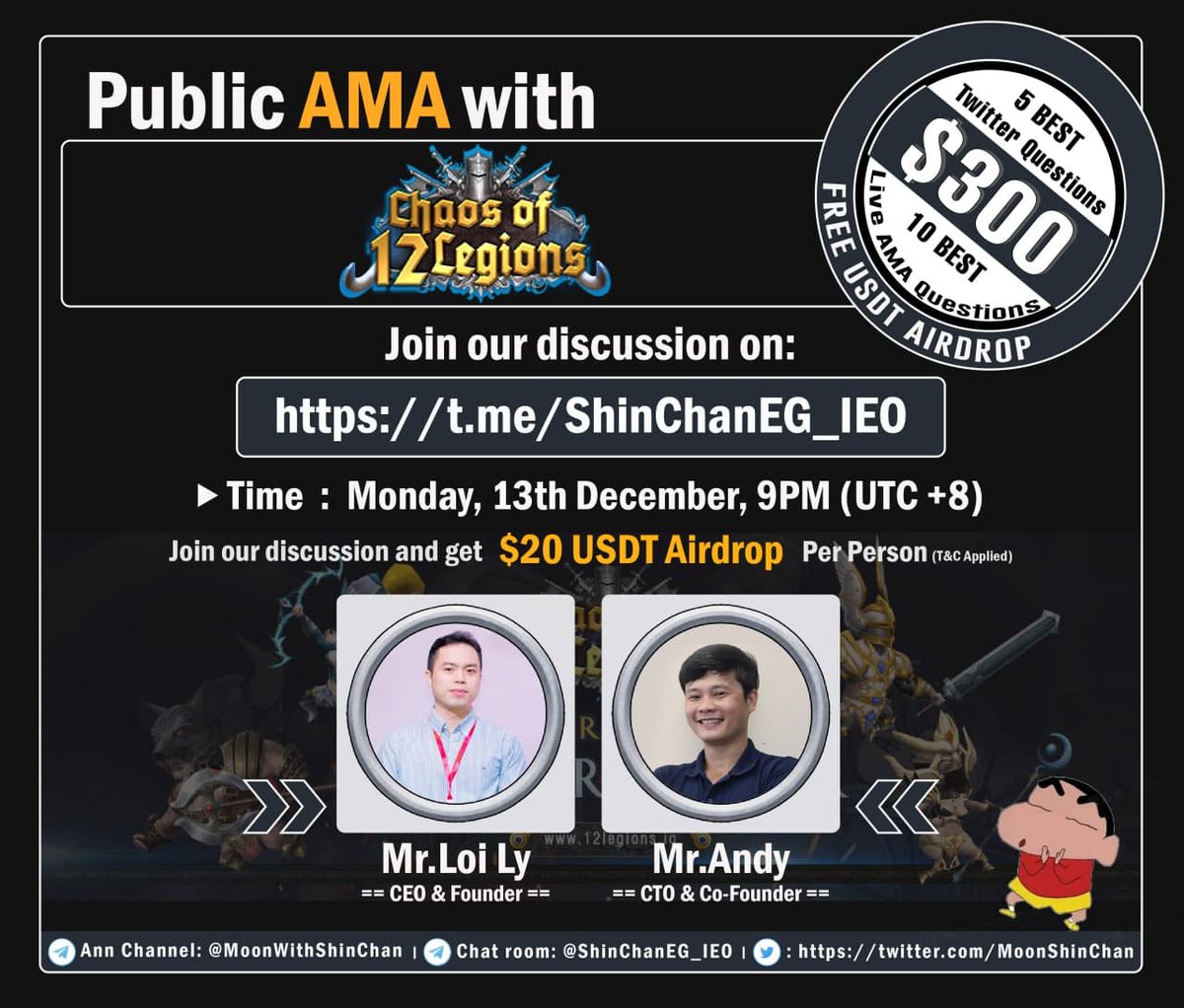 MoonShinchan's tweet photo. Announcing an official Public AMA with @12LegionsIO
giving out Total of $300 USDT Rewards on Monday, 13 December

Join us at TG:  https://t.co/106OJDaS66
Timer: https://t.co/Hlo7OgzBpC

Like, RT, Tag 3 people &amp; ask your questions 5 Best Questions will be selected by Team https://t.co/iM2vSv3eyT