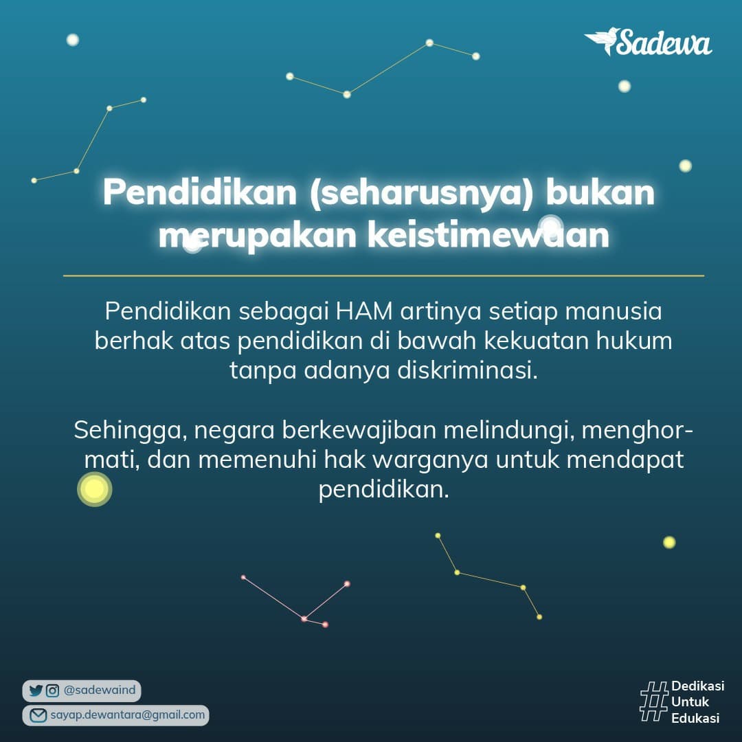 SadewaIND's tweet photo. [SELAMAT HARI HAM SEDUNIA]

Sadewa percaya kalau HAM perlu dijunjung tinggi tanpa adanya diskriminasi. 
Pendidikan adalah salah satu hak asasi manusia yang seharusnya bukan merupakan sebuah keistimewaan, namun hak dan sekaligus kewajiban tiap manusia yang dijamin negara. https://t.co/7ZLDkTW6Io