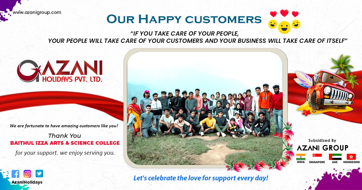 AzaniHolidays's tweet photo. We are fortunate to have amazing customers like you. Baithul Izza Arts &amp; Science College. Thank You!
 
Making your customer Journey more HUMAN - @azanigroup 

#baithulIzza #narikkuni #calicut #collegetrip #collegetour #studytour #ramakkalmedu #tourism #idukki #studentstrip #azani https://t.co/Nu0GqLcvYU