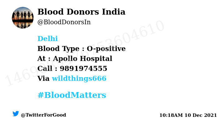 BloodDonorsIn's tweet photo. #Delhi
Need #Blood Type :  O-positive
Blood Component : Blood
Number of Units : 4
Primary Number : 9891974555
Secondary Number : 8447747931
Via: @wildthings666
#BloodMatters
Powered by Twitter https://t.co/QJ45O2yg5h