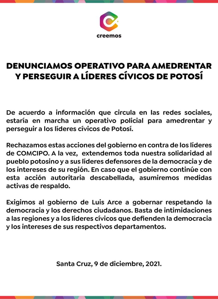 ProvinciasDeScz's tweet photo. Denunciamos amedrentamiento y persecución a líderes potosinos.
@Marco_Pumari_A https://t.co/8lJbNRaxSH