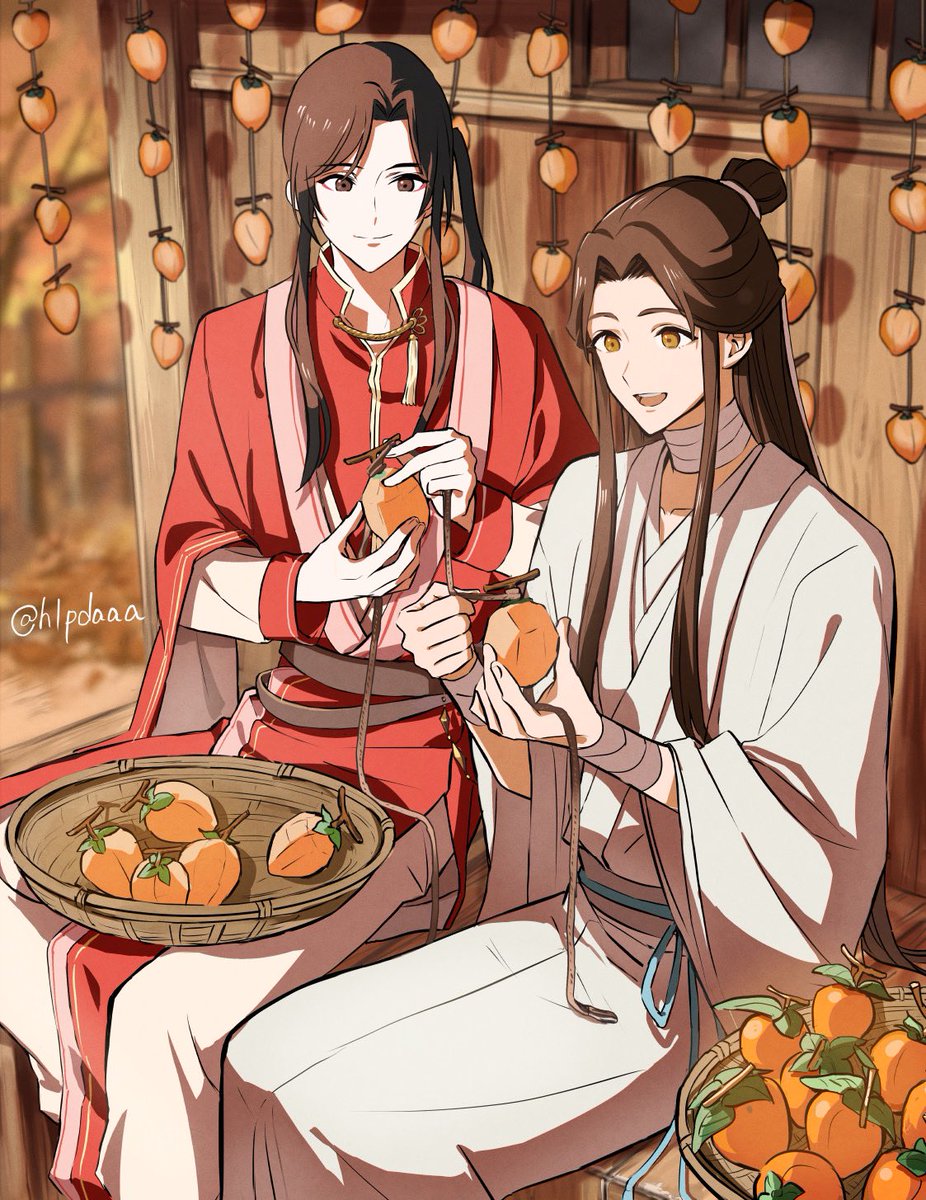 2boys multiple boys fruit food long hair male focus chinese clothes  illustration images