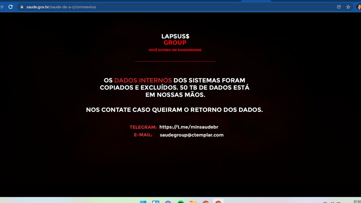 O site do Ministério da Saúde acabou de sofrer um ataque de ransomware.

O endereço está fora do ar e, segundo a mensagem apresentada na página, foram sequestrados 50 TB.