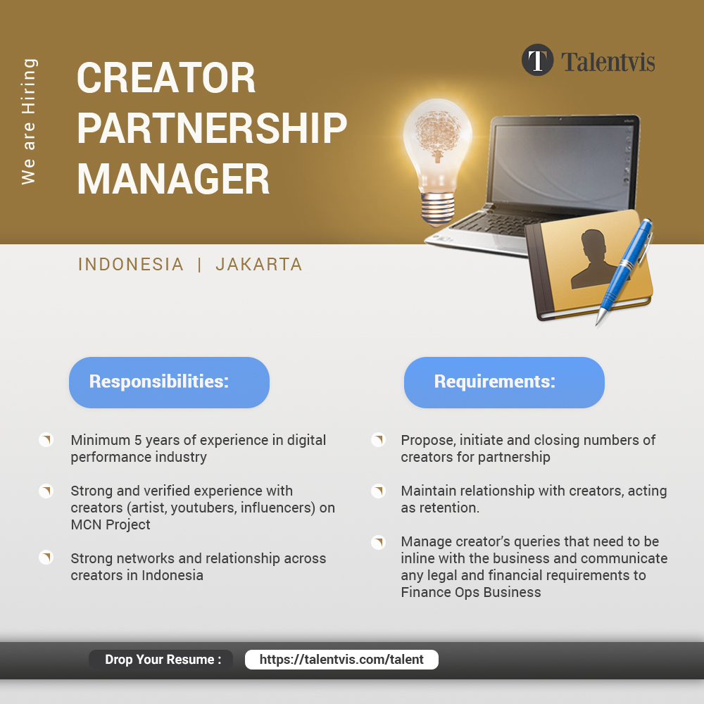 talentvis's tweet photo. Are you looking for a job?
We’re hiring Creator Partnership Manager in Indonesia
Find more about the job opening here: https://t.co/eyEKBkVkOK
#JobOpening #JobVacancy #Hiring #LowonganIndonesia #LowonganKerja #IndonesiaJob #Indonesia #Career #Talentvis https://t.co/54lsLYFqiU