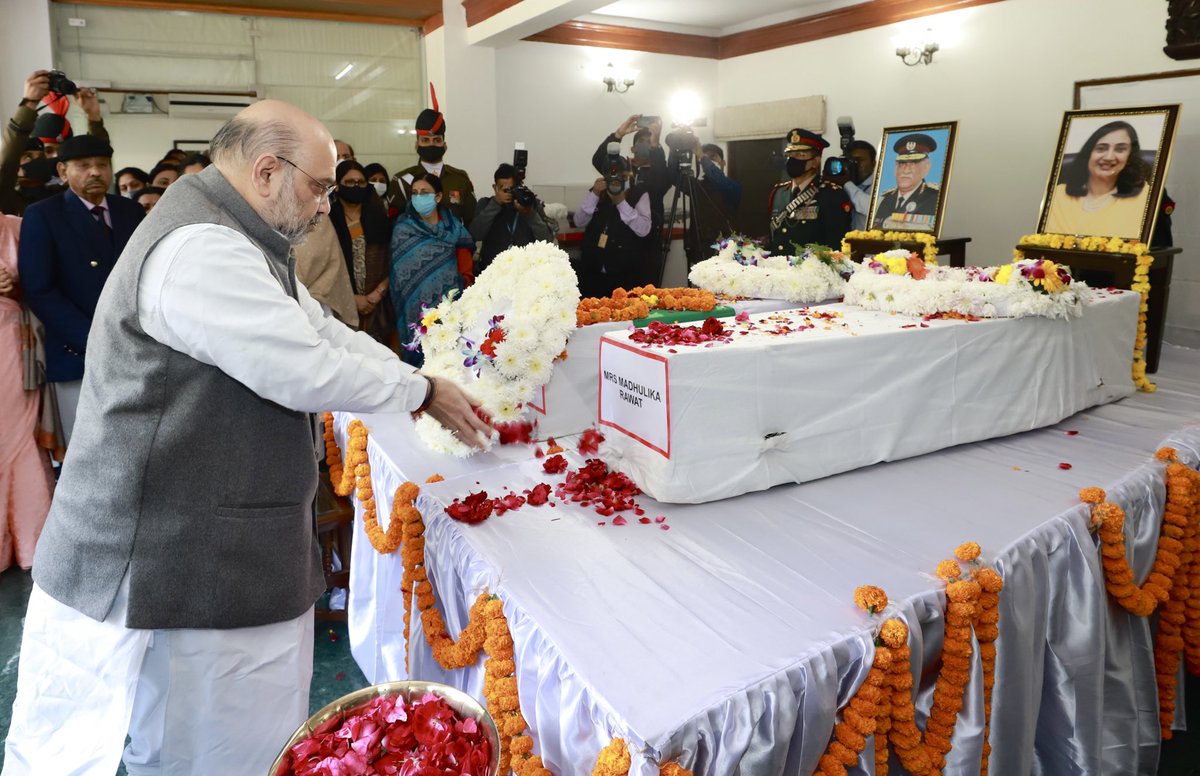 AmitShah's tweet photo. With a heavy heart paid my last respects to Gen Bipin Rawat Ji and Mrs Madhulika Rawat Ji. 

Gen Rawat was the epitome of bravery and courage. It was very unfortunate to lose him so early. His commitment towards the motherland will forever remain in our memories. https://t.co/RvlXP8L1tg