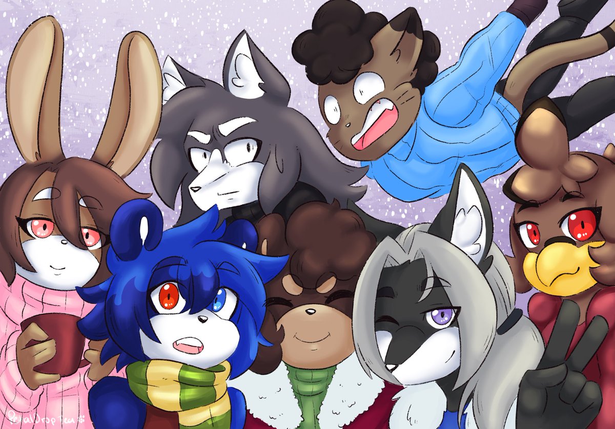 PetalDropTea's tweet photo. Here's a group pic I drew for the #mayfam Happy holidays everyone! I love y'all! 😭 https://t.co/QuKeaqpCYx