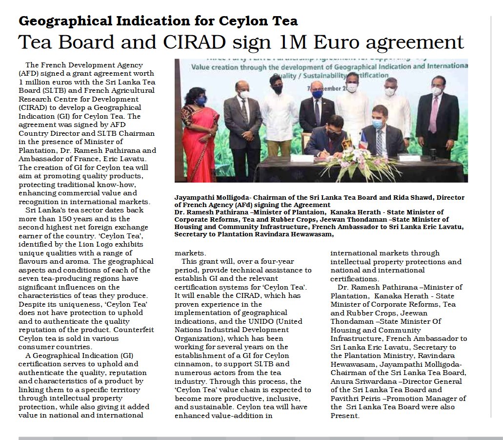 FranceinColombo's tweet photo. @AFD_France  signed a grant agreement worth 1 million euros with the Sri Lanka Tea Board (SLTB) @SLTeaBoard     and French Agricultural Research Centre for Development  @Cirad  to develop a Geographical Indication (GI) for Ceylon Tea. 
article published on @CeylonToday https://t.co/e5UEejnLEG