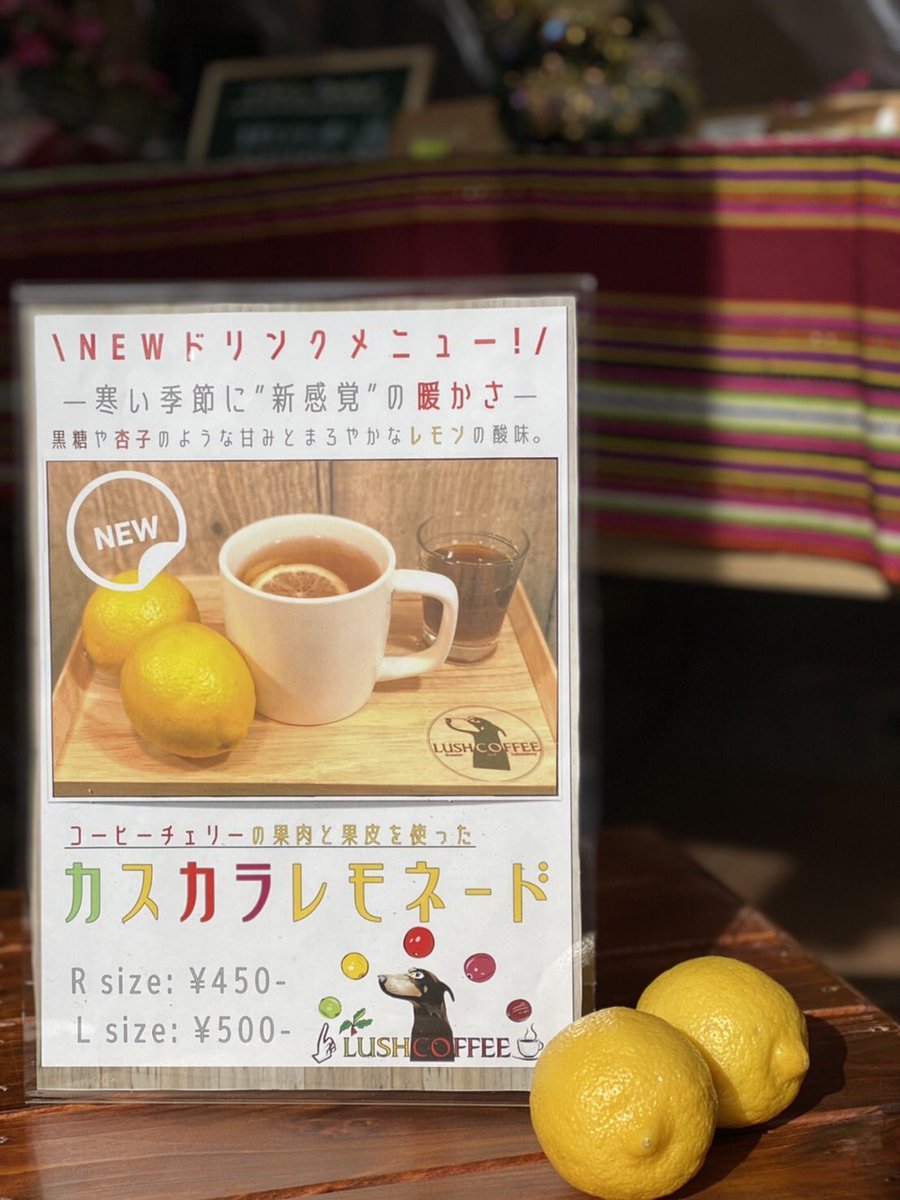 lushkafe_asu's tweet photo. 本日12/10から新ドリンクメニューの「カスカラレモネード」がスタートしました！👏

カスカラシロップの、杏子や黒糖のようなまろやかな甘味とレモンの爽やかな酸味が混ざり合った、冷えた体を暖めてくれるこの時期にピッタリのホットドリンクです！🍋😌

お立ち寄りの際は是非ご賞味ください！🐕 https://t.co/QdNTt0RQMz