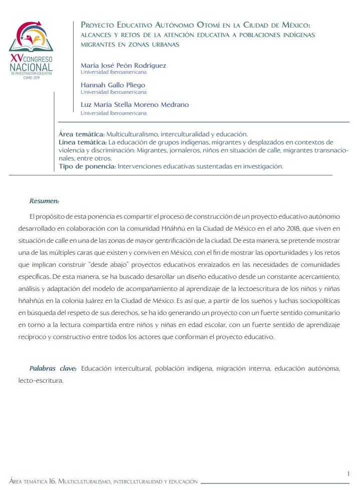 INIDEdelaUIA's tweet photo. #Publicación |#Ponencia de @luzma_moreno, M.J. Peón y H. Gallo en Congreso @comiemx (2019): 'Proyecto educativo autónomo otomí en la CDMX: Alcances y retos en la atención educativa a poblaciones indígenas migrantes en zonas urbanas'.
⬇️https://t.co/dm8wCXNtp7
#CompromisoINIDE https://t.co/niAhrIlU5b