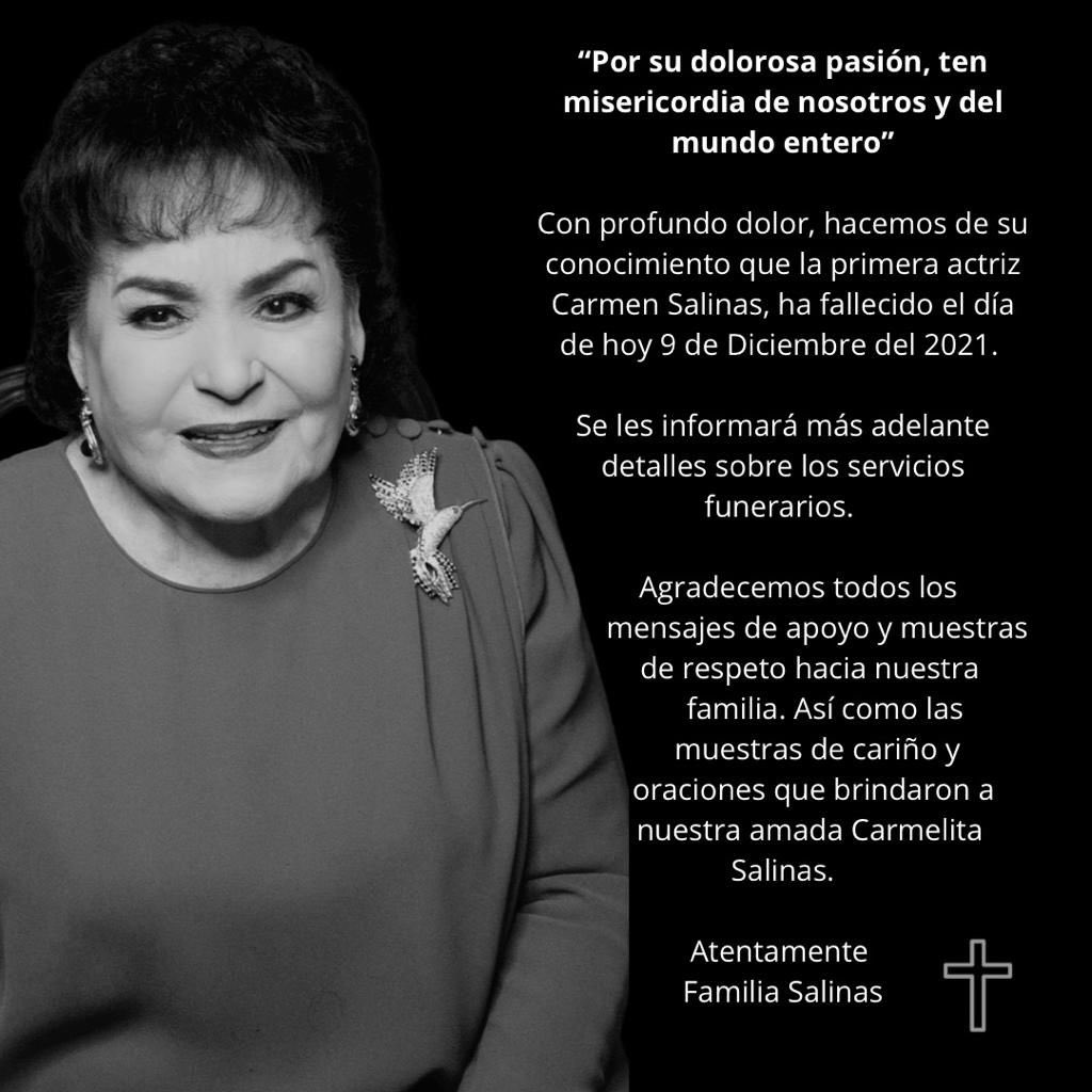 Omar Aldasoro (@aldasoro_omar) on Twitter photo ¡QEPD! 🕊️
Carmen Salinas ha fallecido esta noche a los 82 años de edad 🤧
Se marcha una de las actrices más emblemáticas de la televisión mexicana y gran aficionada a las Chivas 🙏🏼
<a href="/cuauhtemocb10/">Cuauhtémoc Blanco</a> ¡QEPD! 🕊️
Carmen Salinas ha fallecido esta noche a los 82 años de edad 🤧
Se marcha una de las actrices más emblemáticas de la televisión mexicana y gran aficionada a las Chivas 🙏🏼
<a href="/cuauhtemocb10/">Cuauhtémoc Blanco</a>