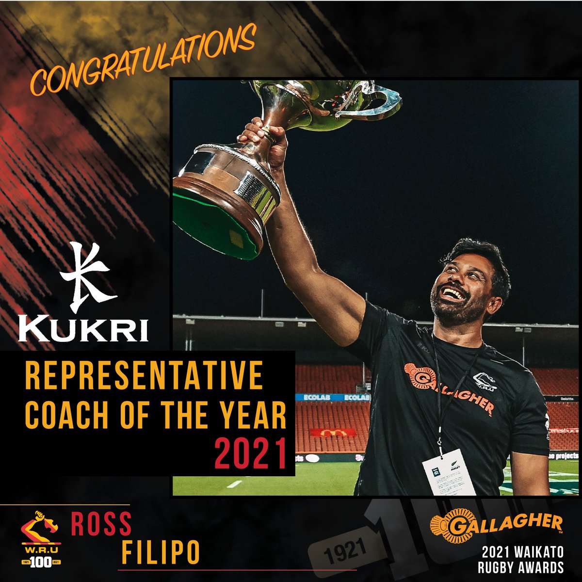 WaikatoRugby's tweet photo. 2021 GALLAGHER WAIKATO RUGBY AWARDS

Congratulations to Ross Filipo
Winning the Kukri Representative Coach of the Year 🎉

#WaikatoRugby #Mooloo100 #WaikatoRugbyAwards https://t.co/Bhb5R2hoys