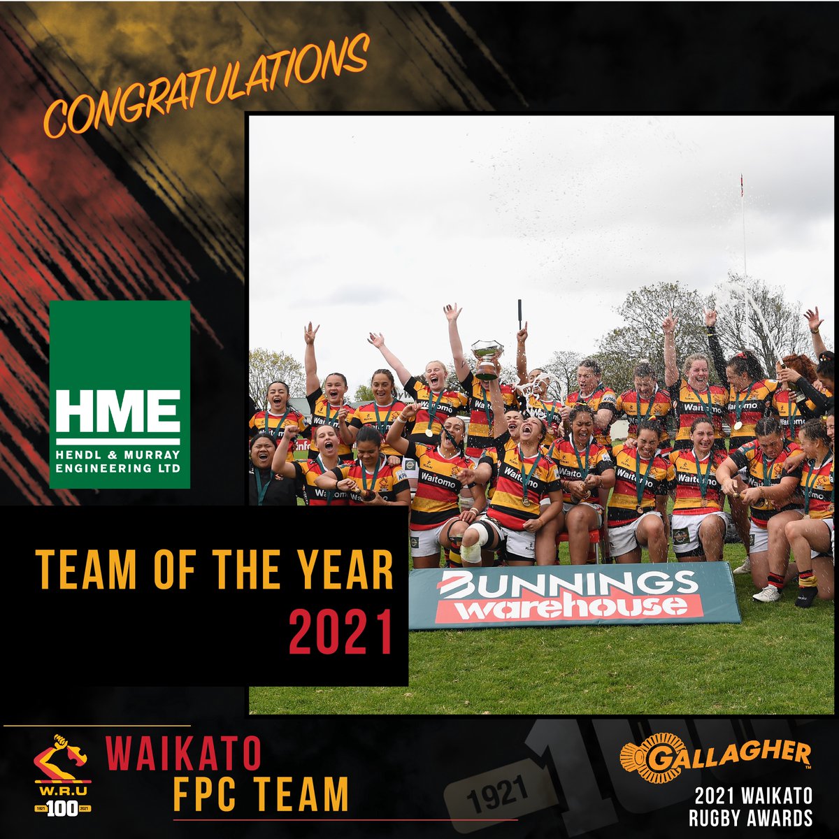 WaikatoRugby's tweet photo. 2021 GALLAGHER WAIKATO RUGBY AWARDS

Congratulations to Waikato FPC
Winning the Hendl and Murray Engineering Team of the Year 🎉

#WaikatoRugby #Mooloo100 #WaikatoRugbyAwards https://t.co/MsOkoRNcjY