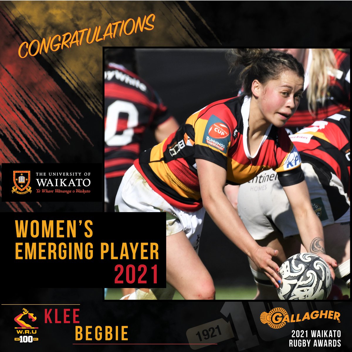 WaikatoRugby's tweet photo. 2021 GALLAGHER WAIKATO RUGBY AWARDS

Congratulations to K’Lee Begbie
Winning the University of Waikato Emerging Women’s Player of the Year 🎉

#WaikatoRugby #Mooloo100 #WaikatoRugbyAwards https://t.co/oFOsYyYwTH