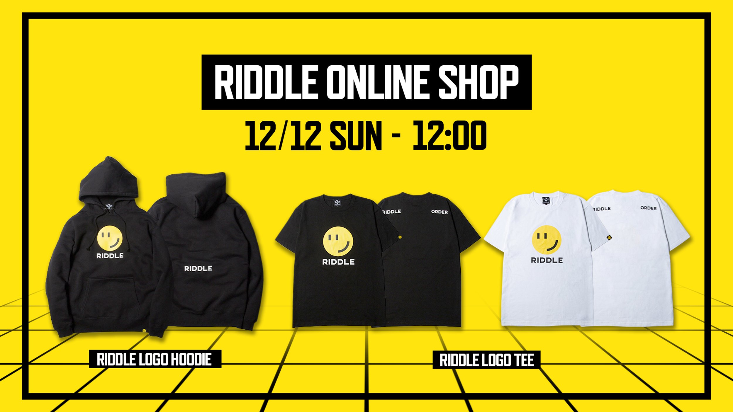 Riddle on Twitter: "RIDDLE ONLINE SHOP 12/12(日) 12:00~ [販売内容] RIDDLE LOGO HOODIE / BLK RIDDLE LOGO TEE / BLK / WHT ※サイトURLは当日に公開します。 ※在庫が無くなり次第終了となります。 https://t.co/kvgOH3aV9n" / Twitter