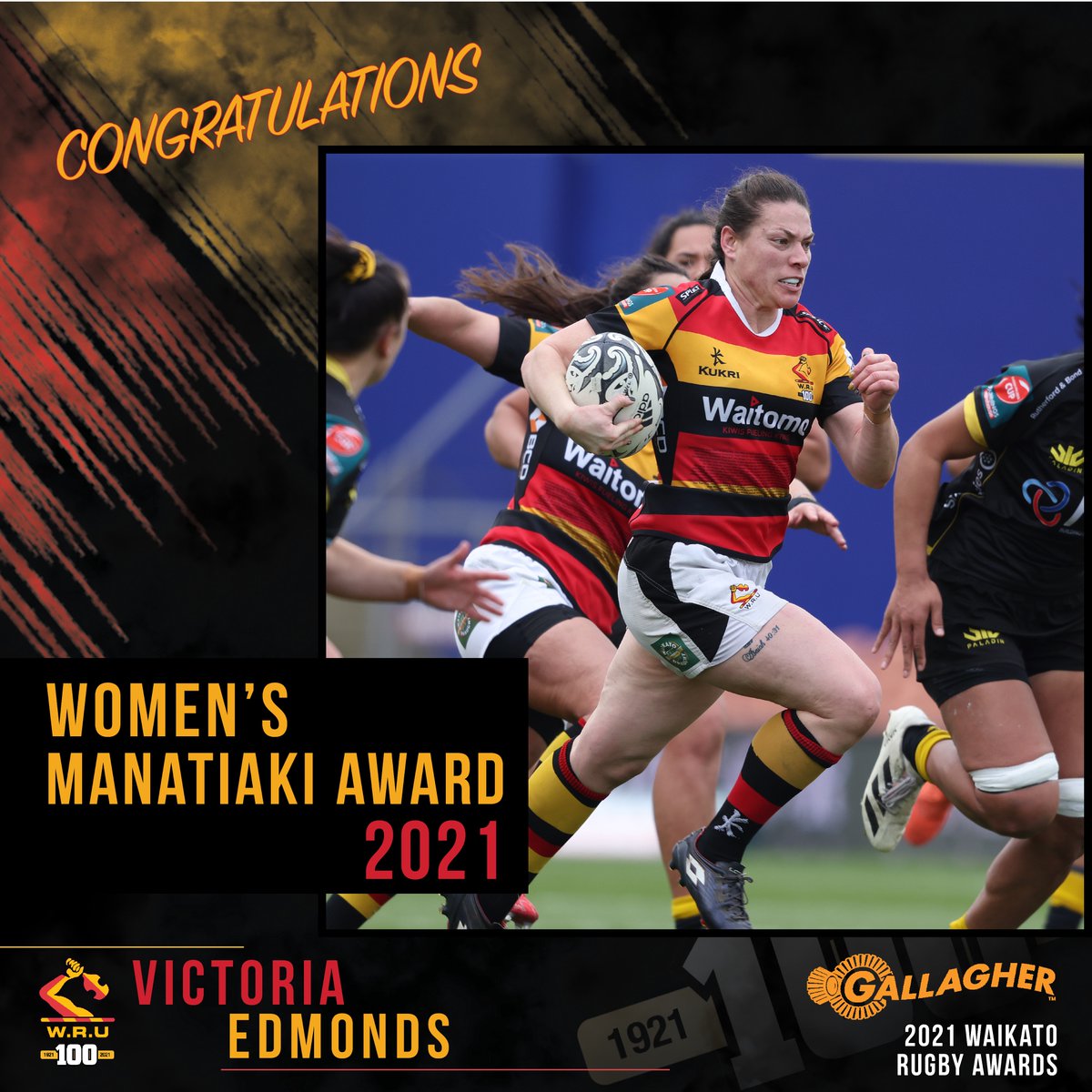 WaikatoRugby's tweet photo. 2021 GALLAGHER WAIKATO RUGBY AWARDS

Congratulations to Victoria Edmonds
Winning the Manatiaki Award 🎉

#WaikatoRugby #Mooloo100 #WaikatoRugbyAwards https://t.co/fJoLg1KUMO