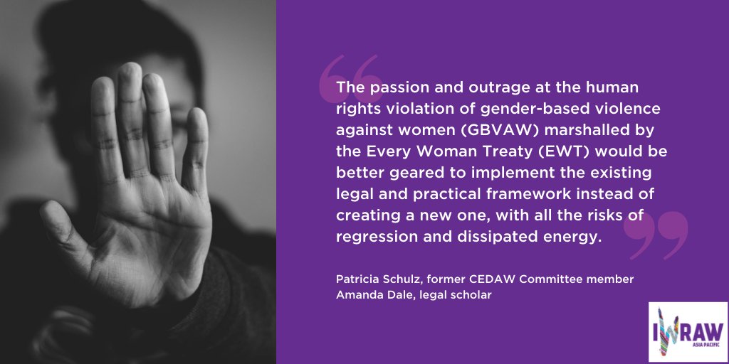 IWRAW_AP's tweet photo. What could activism for a new human rights instrument mean for existing GBV norms and protections? In our latest blog post, former #CEDAW Committee member Patricia Schulz and legal scholar Amanda Dale turn a critical eye on the Every Woman Treaty: https://t.co/DUu7pXYz5x #16Days https://t.co/KnzbG75vEQ