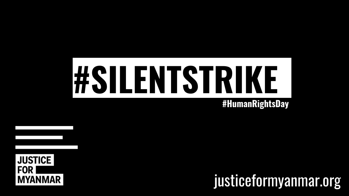 JusticeMyanmar's tweet photo. ဒီနေ့ပြုလုပ်တဲ့ Silent Strike (တိတ်ဆိတ်ခြင်းသပိတ်) 🔇 ကို Justice For Myanmar က ထောက်ခံအားပေးတယ်။👏🏽 ဒါဟာ စစ်ကောင်စီရဲ့တရားမဝင်အာဏာသိမ်းမှု ၁၁ လ နီပါး ကြာလာသည့်တိုင် တိုင်းပြည်အပေါ် ထိန်းချုပ်နိုင်စွမ်း မရှိကြောင်း ပြသခြင်းပဲ ဖြစ်ပါတယ်။ စစ်ရာဇဝတ်ဂို���်း လုံးဝ ကျရှုံးရမယ်။✊🏽 https://t.co/X3WH32cbB3