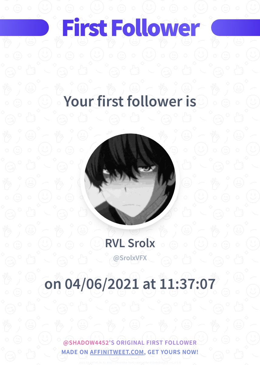 Shadow4452's tweet image. ✨ First Follower

I just discovered my first follower on Twitter, it's SrolxVFX and they followed me on 04/06/2021 at 11:37:07!
Who's your first follower?

➡️ affinitweet.com/first-follower