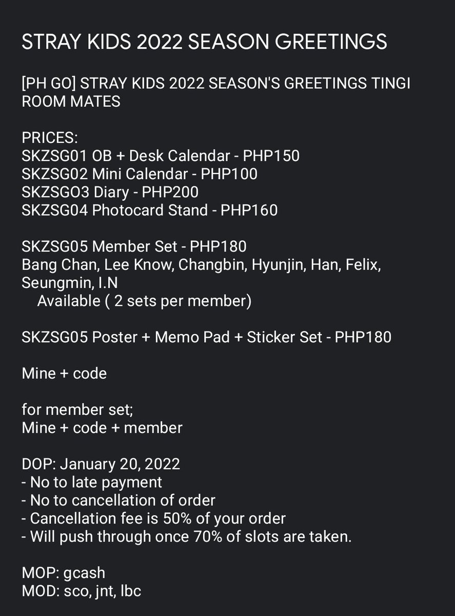 TINEdaHAN1's tweet photo. [PH GO] STRAY KIDS 2022 SEASON'S GREETINGS TINGI
See prices on the pic
OB, Calendar, Member Set, Diary

Bang Chan, Lee Know, Changbin, Hyunjin, Han, Felix, Seungmin, IN

Dm / reply for order
#TINEdaPROOFS for proof of legitimacy 
@_SKZMarketPH https://t.co/W4oRLH0mYv