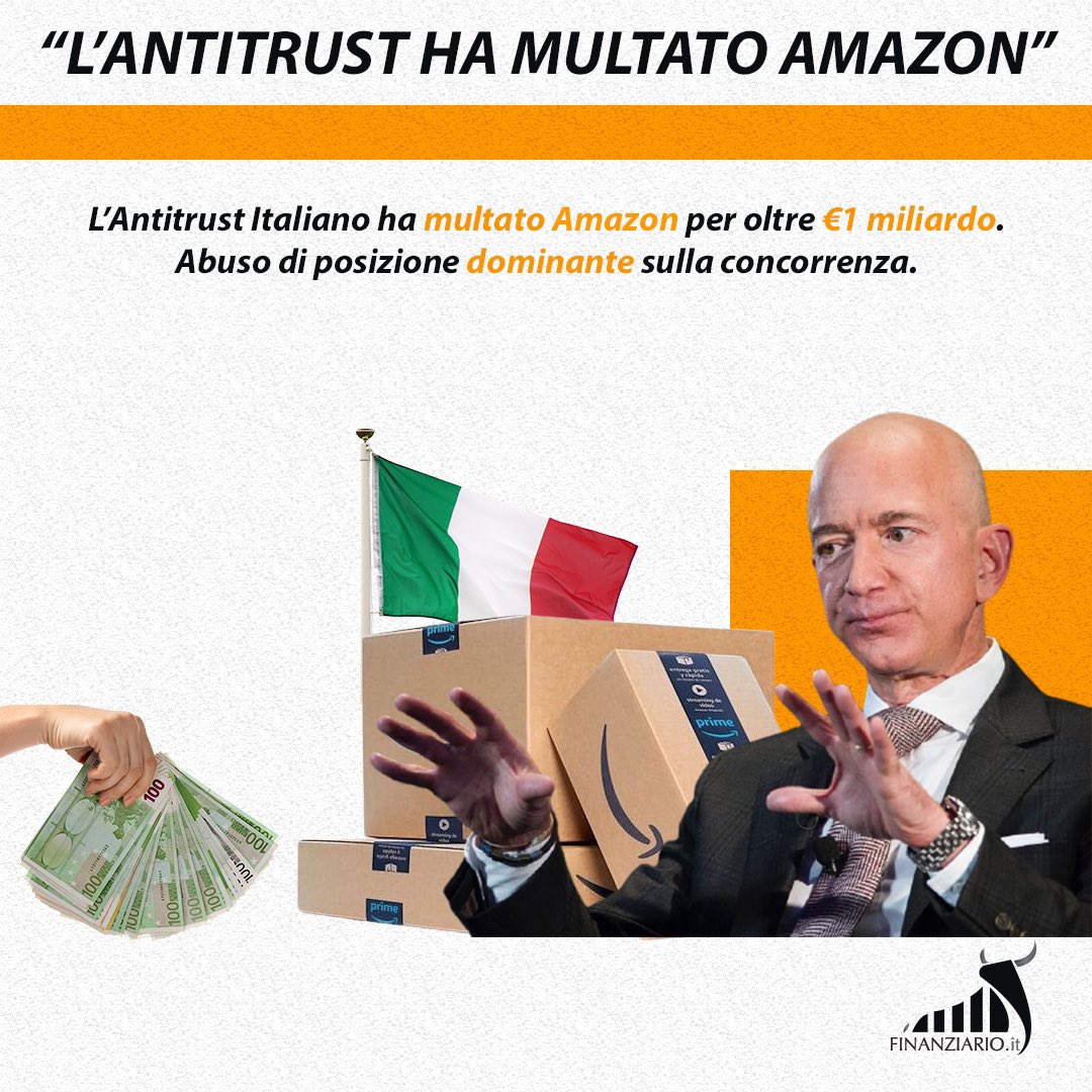 Finanziarioit's tweet photo. L'Antitrust ha multato Amazon
⏳
L’Antitrust Italiano ha multato Amazon per oltre €1 miliardo. Abuso di posizione dominante sulla concorrenza.  
#Amazon #JeffBezos #Italia https://t.co/AB1KPPnmUk