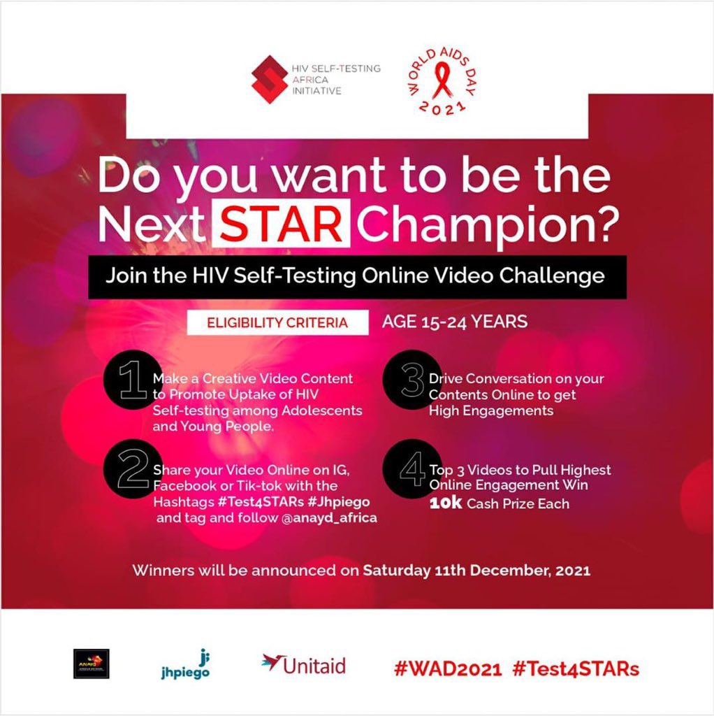 Do you know You can win N10,000 through video contest? You will also become the next STAR champion. Amazing right? All you need is Join the HIV self-testing online video challenge #Test4STARs #WAD2021

@anayd_africa 
@Jhpiego