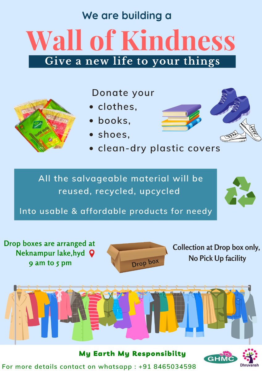 Inspired by <a href="/KTRTRS/">#RAMpage</a> <a href="/arvindkumar_ias/">Arvind Kumar</a> <a href="/harichandanaias/">Hari Chandana</a> <a href="/ZC_Khairatabad/">Zonal Commissioner Khairatabad, GHMC</a> <a href="/CommissionrGHMC/">Commissioner GHMC</a> <a href="/CollectorRRD/">Collector Rangareddy</a> <a href="/Prateek_JainIAS/">Prateek Jain</a> initiating Wall Of Kindness at Neknampur Lake.This Wall not only help Needy but also play big role in Swacchh Survekshan.Lets allnof us do our Bit.<a href="/Andrew007Uk/">Dr Andrew Fleming 🇬🇧 🏴󠁧󠁢󠁳󠁣󠁴󠁿</a>