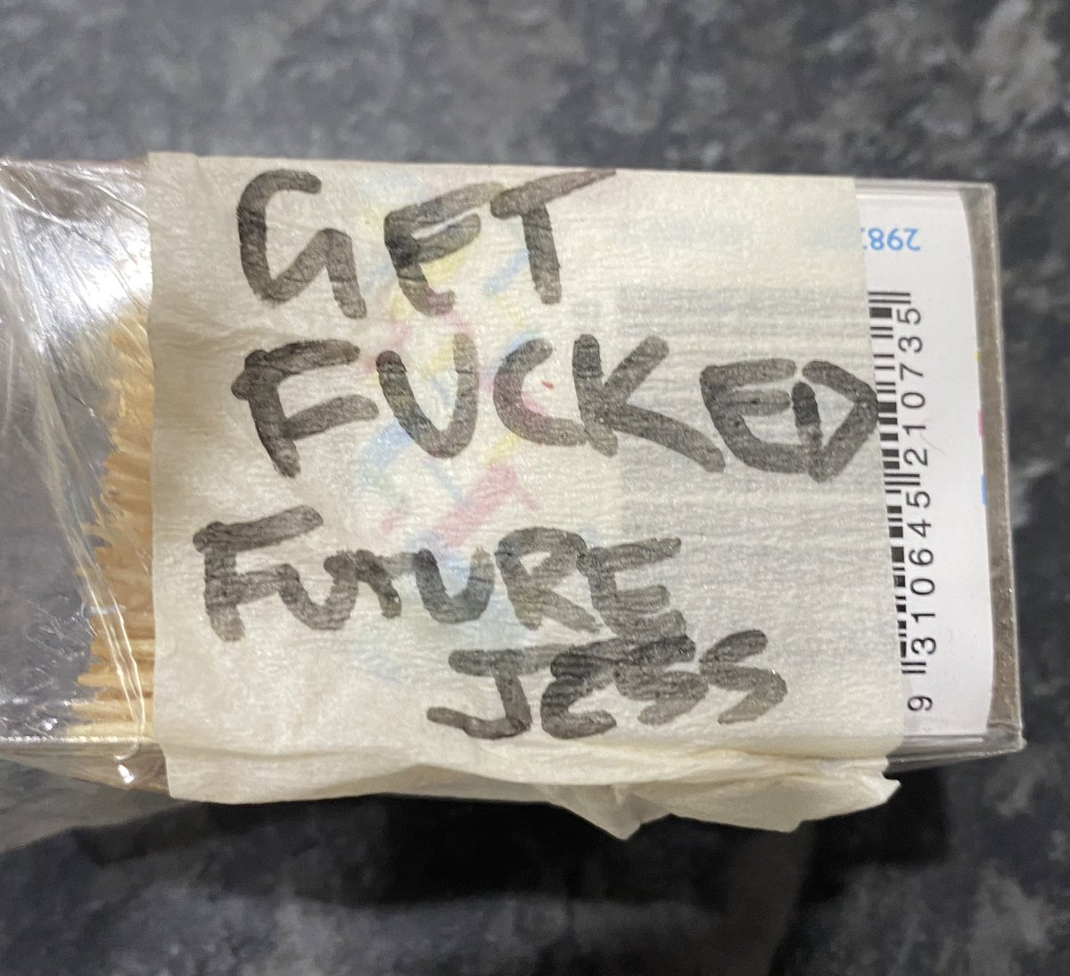 notsocryptic's tweet photo. “Ahhh, who did this!!” I yell, as I struggle to open an unnecessarily well-taped up box of toothpicks. I look down. Past Jess is always one step ahead. https://t.co/uBPkhRp4aB