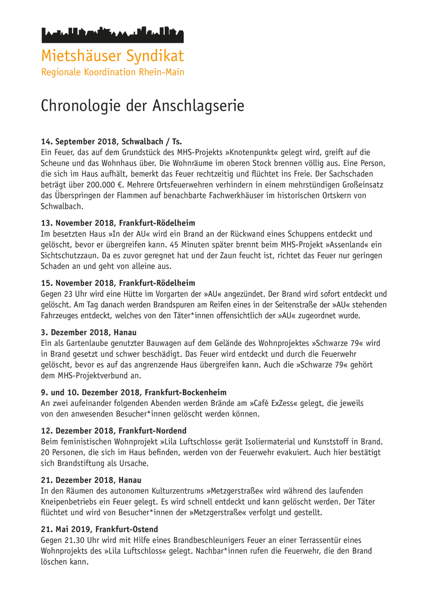 rechte_gewalt's tweet photo. Die Ermittlungsbehörden in #Frankfurt #Hanau #Hessen hatten die Serie gezielter Brandanschläge 2018/2019 auf alternative &amp; soziokulturelle Wohnprojekte und deren Bewohner*innen von Anfang an verharmlost und entpolitisiert. #Justizproblem #Polizeiproblem   https://t.co/jCOFczIE0V https://t.co/l6Xfk08OV2
