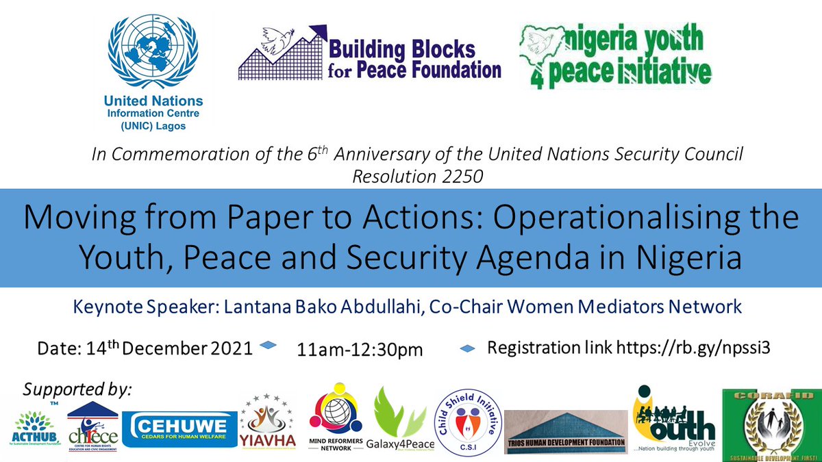 NYCPSI's tweet photo. On behalf of @bbforpeace @UNICLagos and other #Youth4Peace partners, you are cordially invited to the National Commemoration of #UNSCR2250 in Nigeria. Theme is 'Moving From Paper to Actions: Operationalising the Youth, Peace and Security Agenda in Nigeria. https://t.co/sWEqUbzrD4 https://t.co/s7tuRGKndh