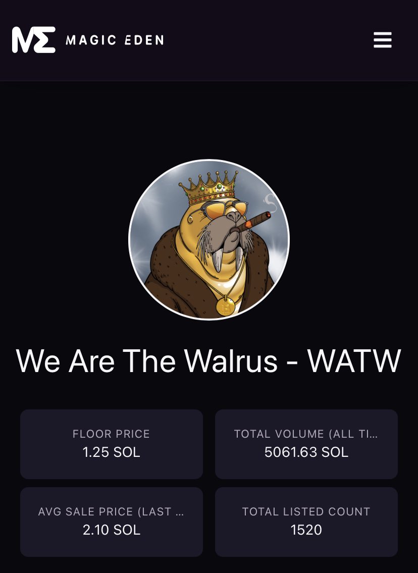 WALRUS TEAM🍺
when the game is released you wont be able to get one at this price. no pressure but youre missing a lot
<a href="/WATwalrus/">We are the Walrus</a> 
#NFTs #Solana