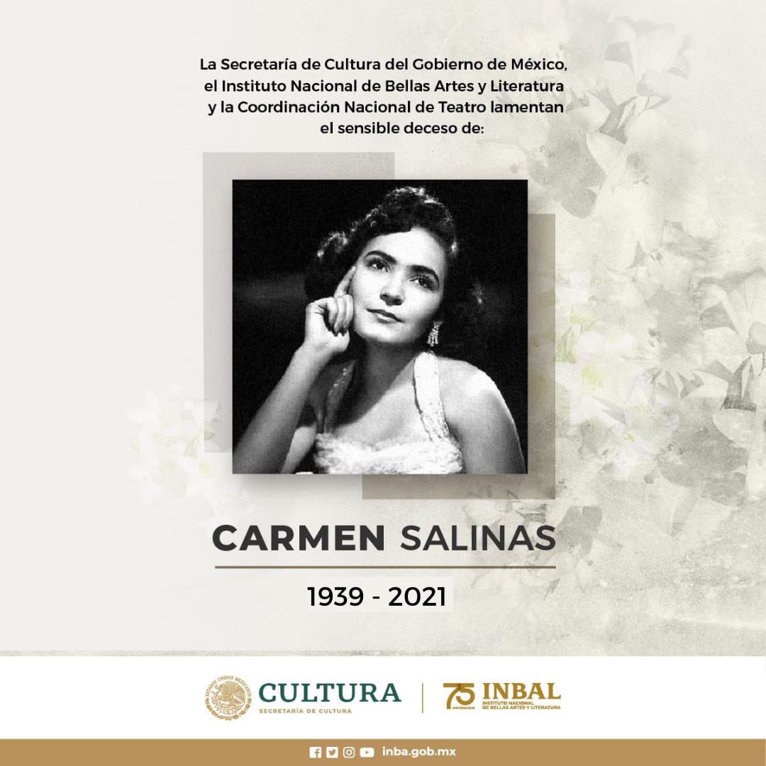 La Coordinación Nacional de Teatro lamenta profundamente el sensible fallecimiento de la primera actriz Carmen Salinas, quien durante su larga trayectoria participó en proyectos de teatro, cine y televisión.

Enviamos sinceras condolencias a toda su familia y seres queridos.