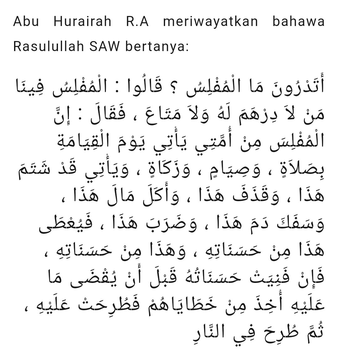 HilalAsyraf's tweet photo. ... besar akibat dia.

Allah sampai tak nak amalan kita kalau kita ada aniaya orang. Hatta lalu mulut je pun, yakni tuduh(fitnah) atau maki hamun orang.

Auto deduct pahala kita. Kalau tak cukup, Allah ambil dosa mangsa &amp; campak kepada kita. Tak cukup lagi? Masuk neraka. https://t.co/0kYjTYmVN6