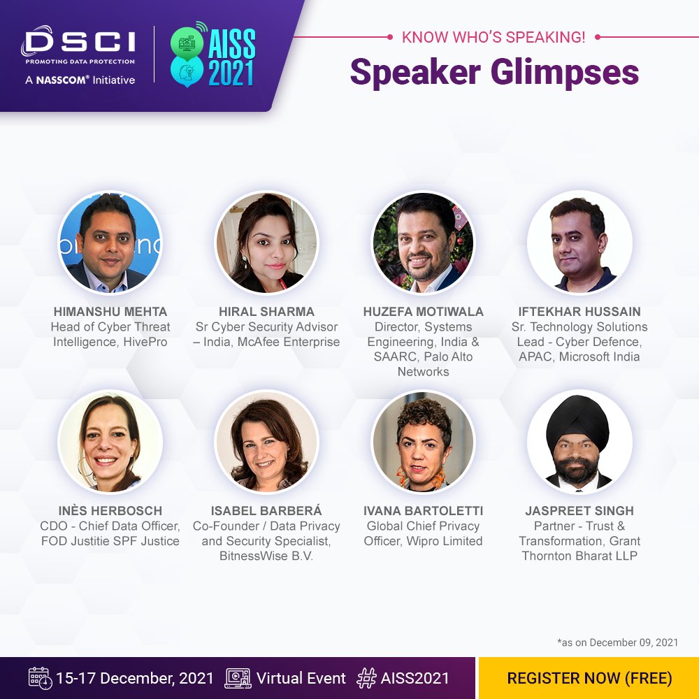 DSCI_Connect's tweet photo. We are honored to have such an eclectic line up of national &amp; international speakers who are going to grace #AISS2021 with their participation.

Don't miss out on this golden opportunity to connect &amp; network with them. Follow for more details: https://t.co/xA7VaC3R3G https://t.co/8vW4tfGkXi