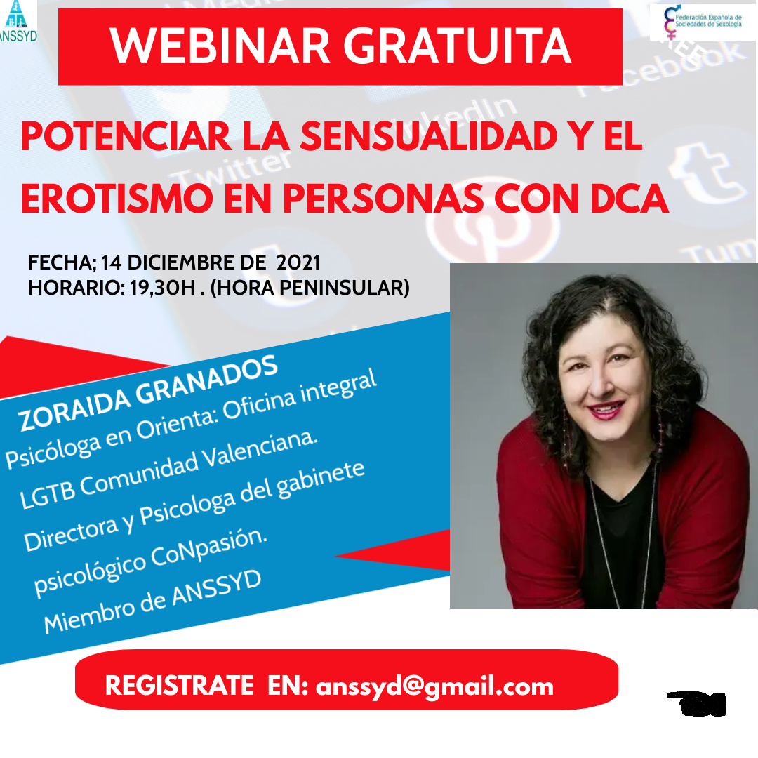 🗓️14 de diciembre
⏰19:30 horas
Webinar gratuito <a href="/ANSSYD/">ANSSYD</a> _ Como potenciar la sensualidad y el erotismo en personas con DCA