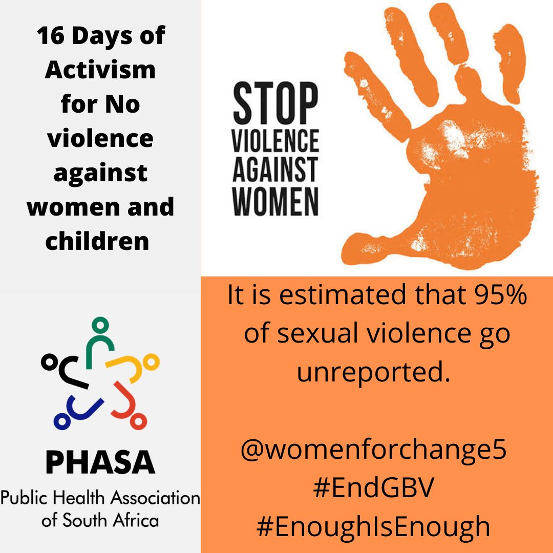 PHASA (@publichealthsa) on Twitter photo 📢 #16DaysofActivism2021 As much as 95% of sexual violence go unreported. We need to create enabling environments for reporting but more critically #EndGBV.
#EnoughIsEnough
<a href="/SHA_ZAR/">Harsha Somaroo</a> <a href="/natisha_dukhi/">Dr Natisha Dukhi</a> <a href="/Tham_Naidu/">Dr Thameshree Duys</a> <a href="/ChoonaraShakira/">Doc Shakira Choonara</a> <a href="/TChivese/">Tinashe Chivese</a> <a href="/rene_sparks/">René Sparks #HealthEquityAdvocate</a> <a href="/ClimatePHASA/">Climate, Energy and Health_PHASA</a> <a href="/HastSig/">PHASA Civil Society HAST SIG</a> <a href="/HSphasa/">PHASA-HS</a> 📢 #16DaysofActivism2021 As much as 95% of sexual violence go unreported. We need to create enabling environments for reporting but more critically #EndGBV.
#EnoughIsEnough
<a href="/SHA_ZAR/">Harsha Somaroo</a> <a href="/natisha_dukhi/">Dr Natisha Dukhi</a> <a href="/Tham_Naidu/">Dr Thameshree Duys</a> <a href="/ChoonaraShakira/">Doc Shakira Choonara</a> <a href="/TChivese/">Tinashe Chivese</a> <a href="/rene_sparks/">René Sparks #HealthEquityAdvocate</a> <a href="/ClimatePHASA/">Climate, Energy and Health_PHASA</a> <a href="/HastSig/">PHASA Civil Society HAST SIG</a> <a href="/HSphasa/">PHASA-HS</a>