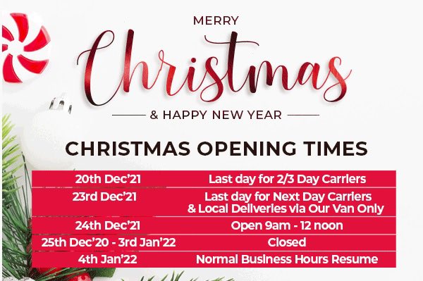 🎄Christmas opening hours🎄

After what has been an interesting year, we’d like to thank all our customers &amp; suppliers for their continued support during these tricky times.

From everyone here, we wish you a very Merry Christmas &amp; Happy New Year &amp; look forward to a brighter 2022