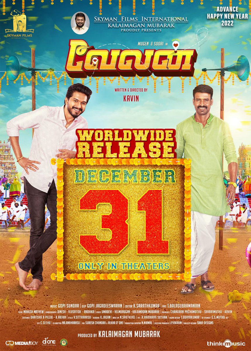 K A L A I M A G A N (@kalaimagan20) on Twitter photo Fun-loaded family entertainer #Velan to hit theaters on Dec 31st
Produced by <a href="/SkymanFilms/">SKYMAN FILMS INTERNATIONAL</a> <a href="/Kalaimagan20/">K A L A I M A G A N</a>
Dir <a href="/kavin_dir/">Kavin M</a>
<a href="/themugenrao/">Mugen Rao</a> <a href="/sooriofficial/">Actor Soori</a> <a href="/MeenakshiGovin2/">Meenakshi Govindharajan</a> <a href="/sivaangi_k/">Sivaangi Krishnakumar</a> <a href="/GopiSundarOffl/">Gopi Sundar</a> <a href="/DoneChannel1/">Done Channel</a> <a href="/thinkmusicindia/">Think Music</a> @CtcMediaboy Fun-loaded family entertainer #Velan to hit theaters on Dec 31st
Produced by <a href="/SkymanFilms/">SKYMAN FILMS INTERNATIONAL</a> <a href="/Kalaimagan20/">K A L A I M A G A N</a>
Dir <a href="/kavin_dir/">Kavin M</a>
<a href="/themugenrao/">Mugen Rao</a> <a href="/sooriofficial/">Actor Soori</a> <a href="/MeenakshiGovin2/">Meenakshi Govindharajan</a> <a href="/sivaangi_k/">Sivaangi Krishnakumar</a> <a href="/GopiSundarOffl/">Gopi Sundar</a> <a href="/DoneChannel1/">Done Channel</a> <a href="/thinkmusicindia/">Think Music</a> @CtcMediaboy