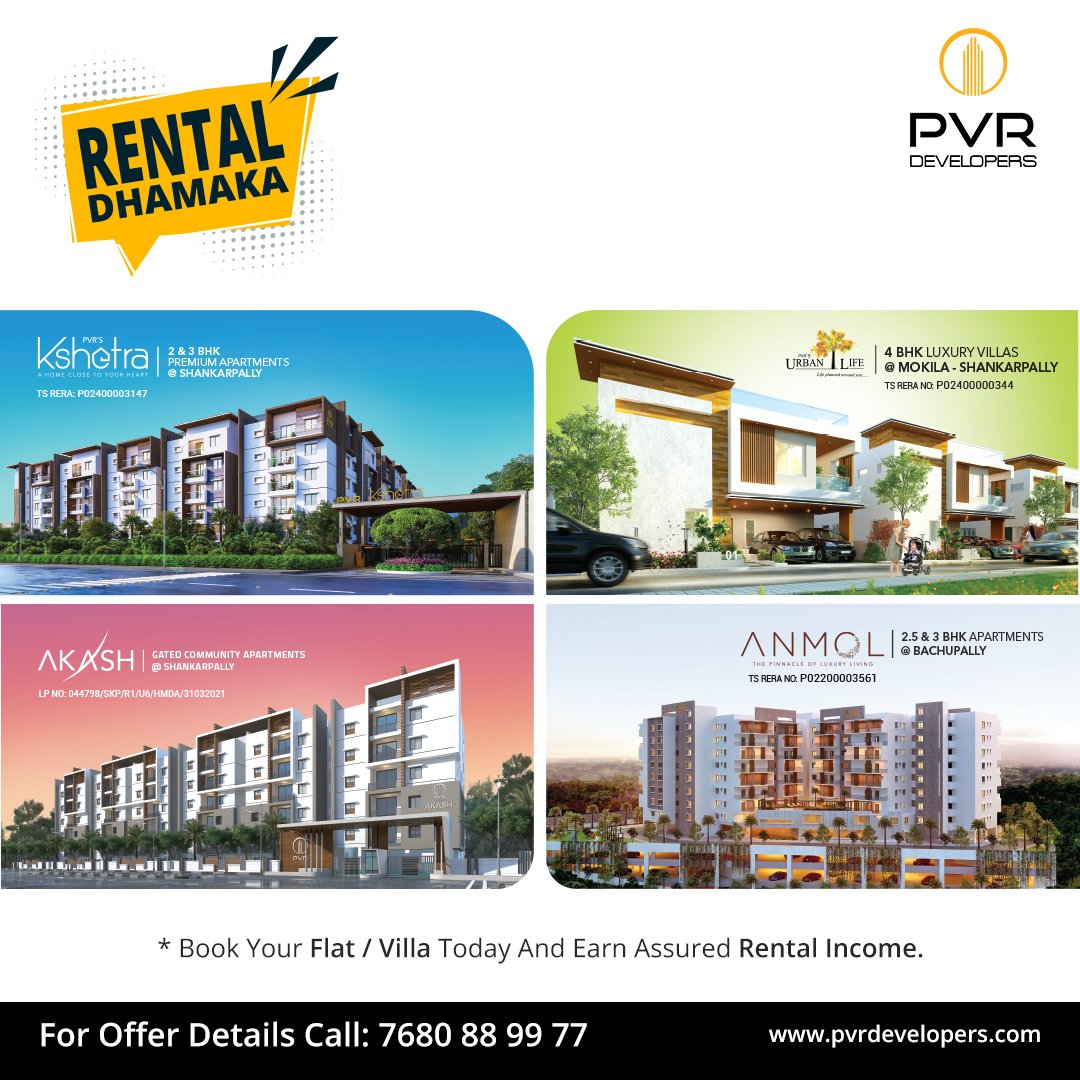 DevelopersPvr's tweet image. Book your flat/villa today at PVR Developers and earn assured rental income.

For Offer Details Call ✆ 7680 88 99 77
🌐 pvrdevelopers.com

#PVRDevelopers #RentalDhamaka #DreamHome #InvestmentOpportunity