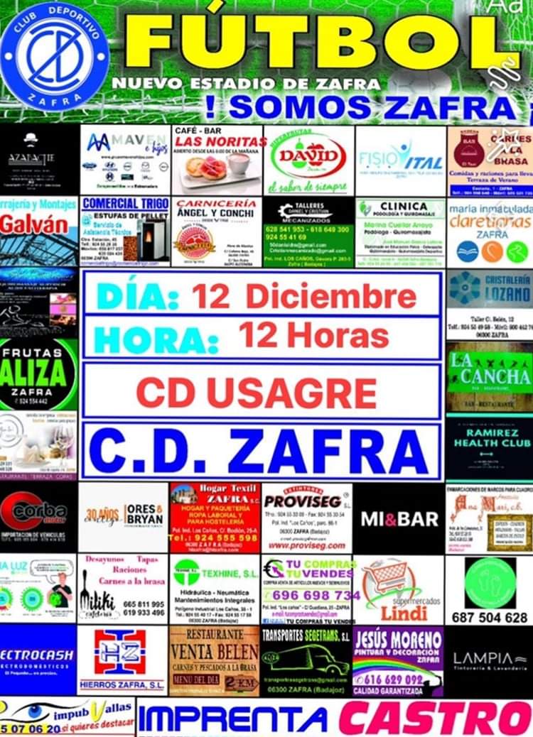 Vuelve la competición, próximo domingo día 12 de diciembre.
C.D.ZAFRA &amp; C.D. USAGRE  1ª División extremeña grupo IV
DOMINGO 12 DE DICIEMBRE A LAS 12:00 HORAS.