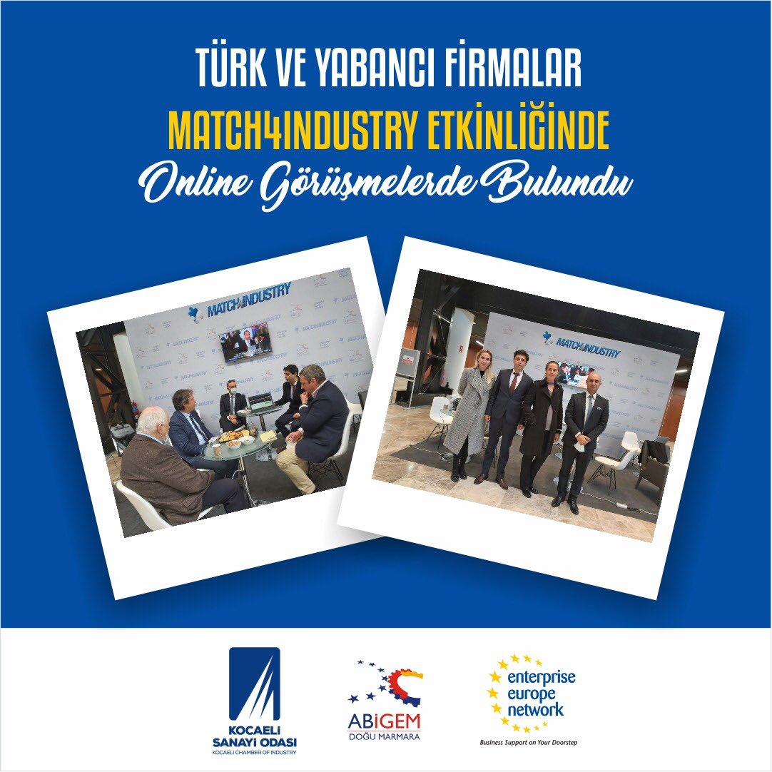 Doğu Marmara ABİGEM ve Kocaeli Sanayi Odası organizasyonunda düzenlenen Match4Industry ikili iş görüşmeleri etkinliği, SANTEK Dijital Fuarı kapsamında 8-9 Aralık 2021’de gerçekleşti. Türk firmalar yabancı firma temsilcileri ile online görüşmelerde bulundu. <a href="/kocaeliso/">Kocaeli Sanayi Odası</a> <a href="/abigemdm/">Doğu Marmara ABİGEM</a>
