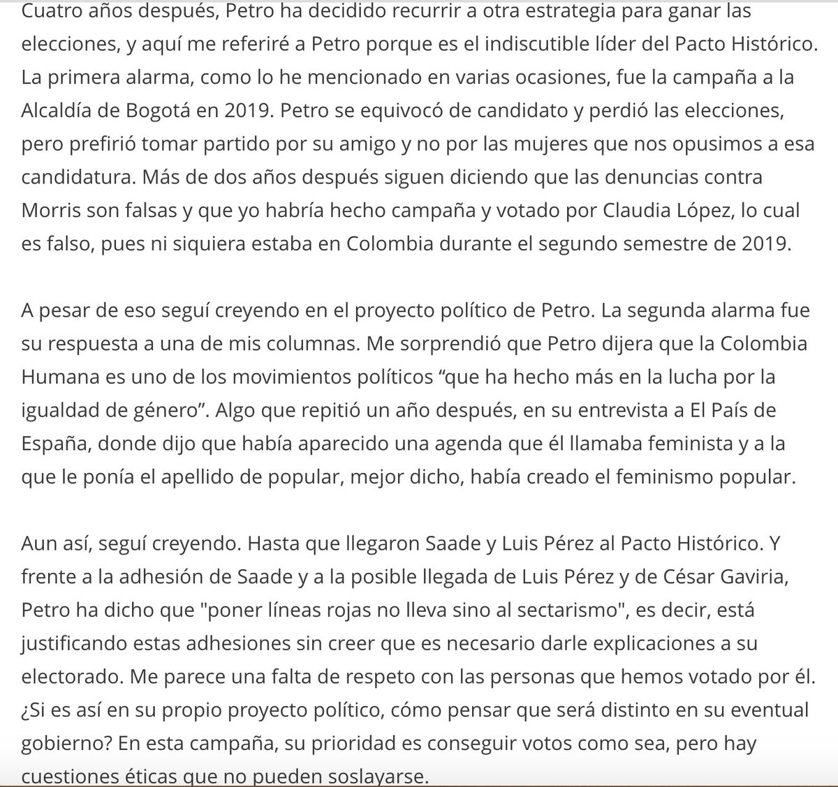 SaraTufanoZ's tweet photo. Renuncio a mi aspiración al Senado y, por lo tanto, le solicito al Pacto Histórico que mi nombre no sea incluido en su lista. Seguiré trabajando por la construcción de un proyecto político de izquierda, popular, feminista, antirracista y democrático. https://t.co/8KXl3NMsSb https://t.co/GbPNHDLETB