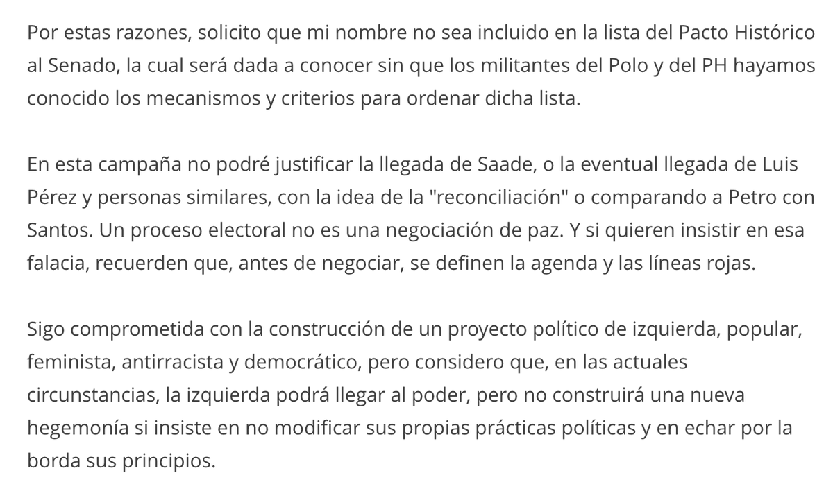 SaraTufanoZ's tweet photo. Renuncio a mi aspiración al Senado y, por lo tanto, le solicito al Pacto Histórico que mi nombre no sea incluido en su lista. Seguiré trabajando por la construcción de un proyecto político de izquierda, popular, feminista, antirracista y democrático. https://t.co/8KXl3NMsSb https://t.co/GbPNHDLETB