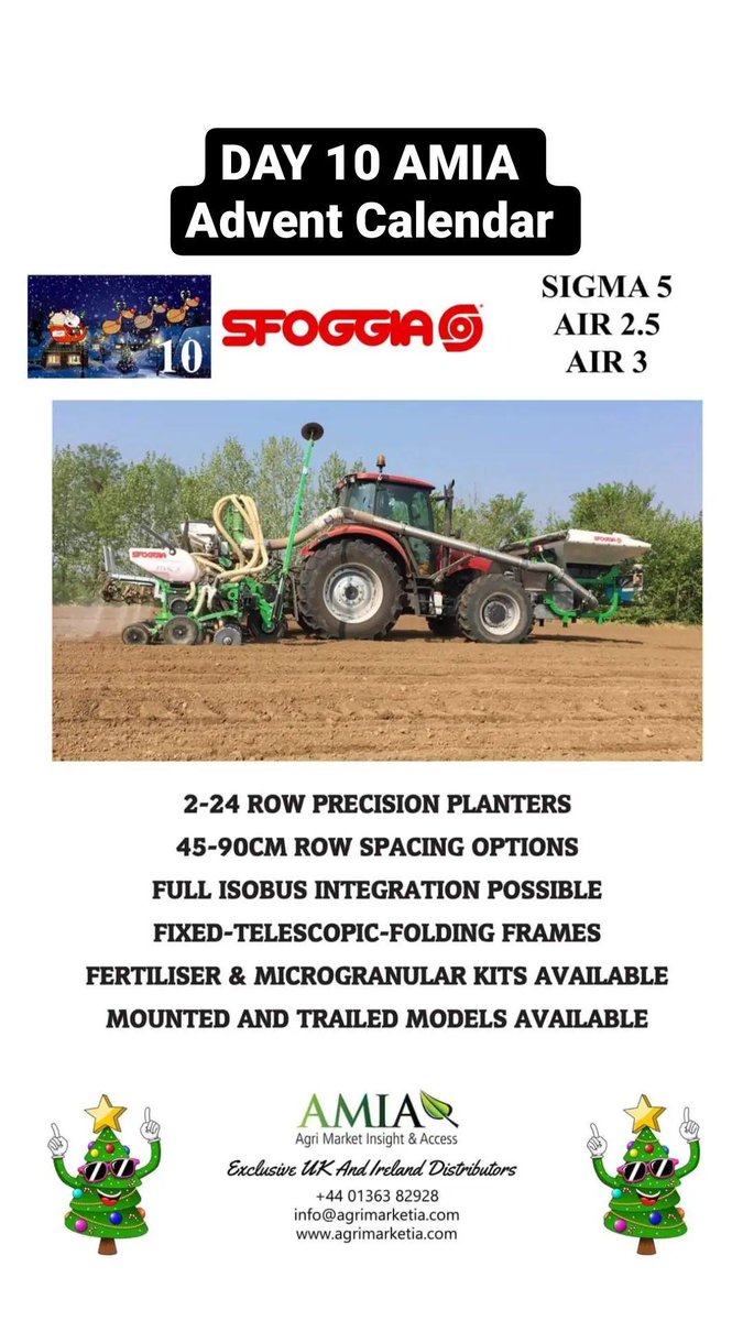 AgriInnovation's tweet photo. Day 10 AMIA Advent - SFOGGIA range of Precision Planters/Drills. Models from 2 to 24 rows to suit inter-row spacings of 45-90cm. Mounted & Trailed models available in either fixed, telescopic or folding frame designs.
#precisionseeder #precisionplanter #maizedrill #agriculture https://t.co/A4kNhv6owl